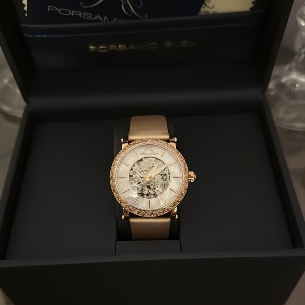 NIB Liza Automatic Satin Leather Porsamo Bleu Gold-Pearl Watch Topaz Bezel - Picture 7 of 11